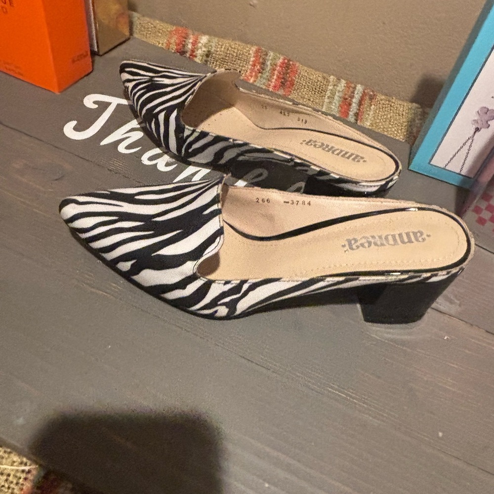 AND Black and White Zebra Print Mules